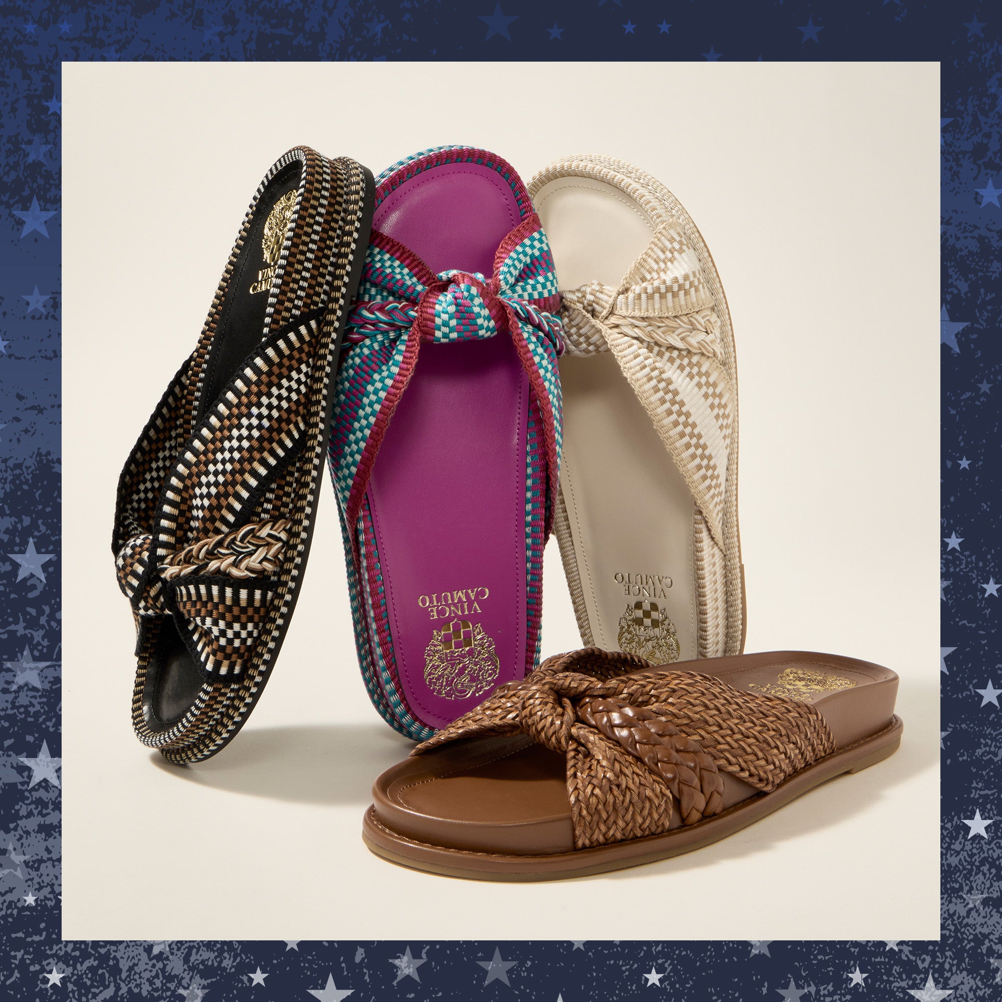 Four pairs of sandals in different colors on a beige background with a star-patterned border.