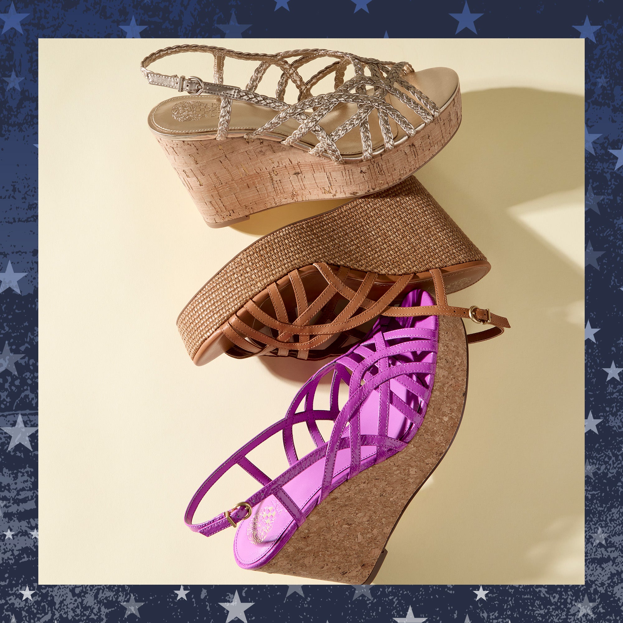 Wedge sandals with cork wedge and colorful straps on a beige background