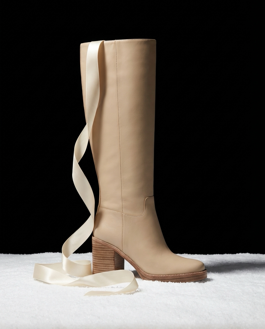 Beige Gibi boot with cream ribbon coming out of the shaft, resting on snow and a black background