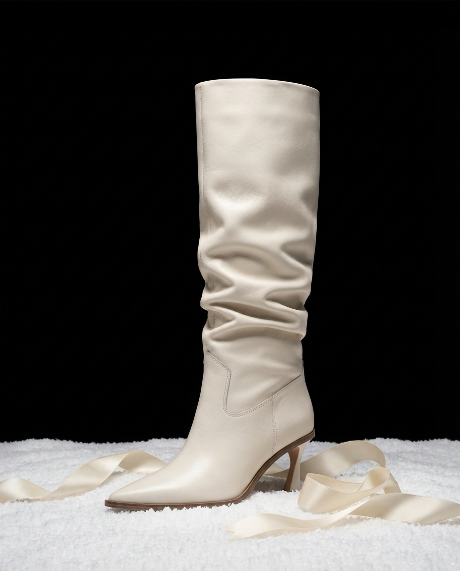 Cream Kindre boot with cream ribbon spooled around it, resting on snow and a black background
