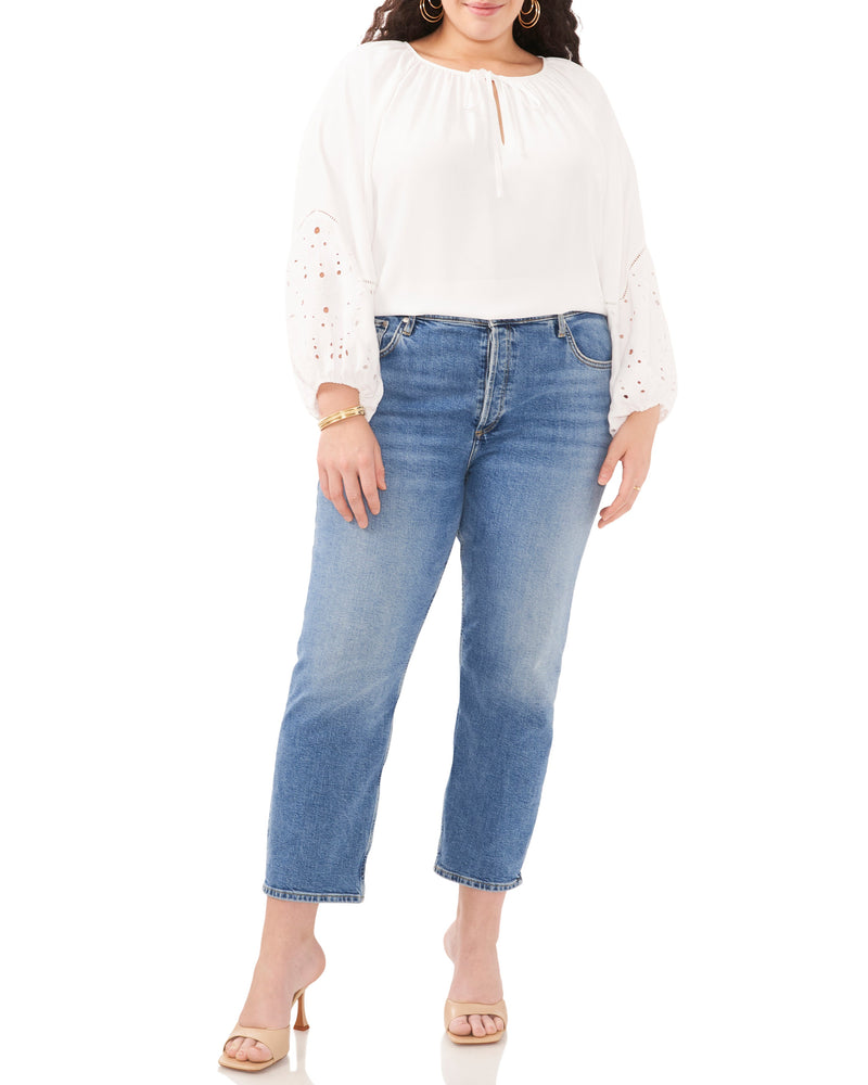 Plus-Size Embroidered-Sleeve Split Neck Blouse - Vince Camuto