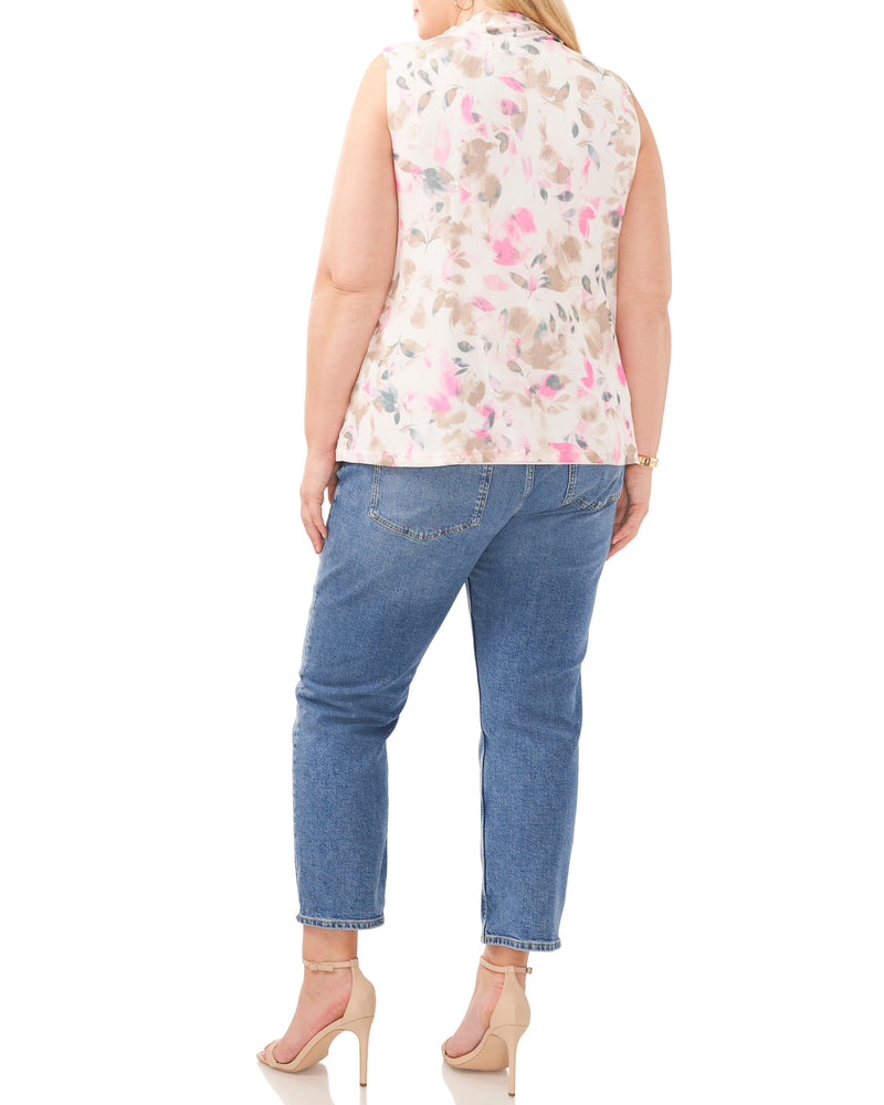 Plus-Size Petal Print Mesh High Neck Tank Top - Vince Camuto