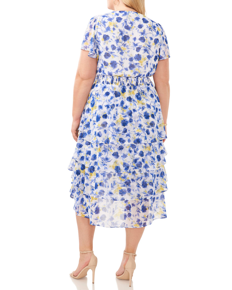 Plus-Size Floral Print Tiered V-Neck Dress - Vince Camuto
