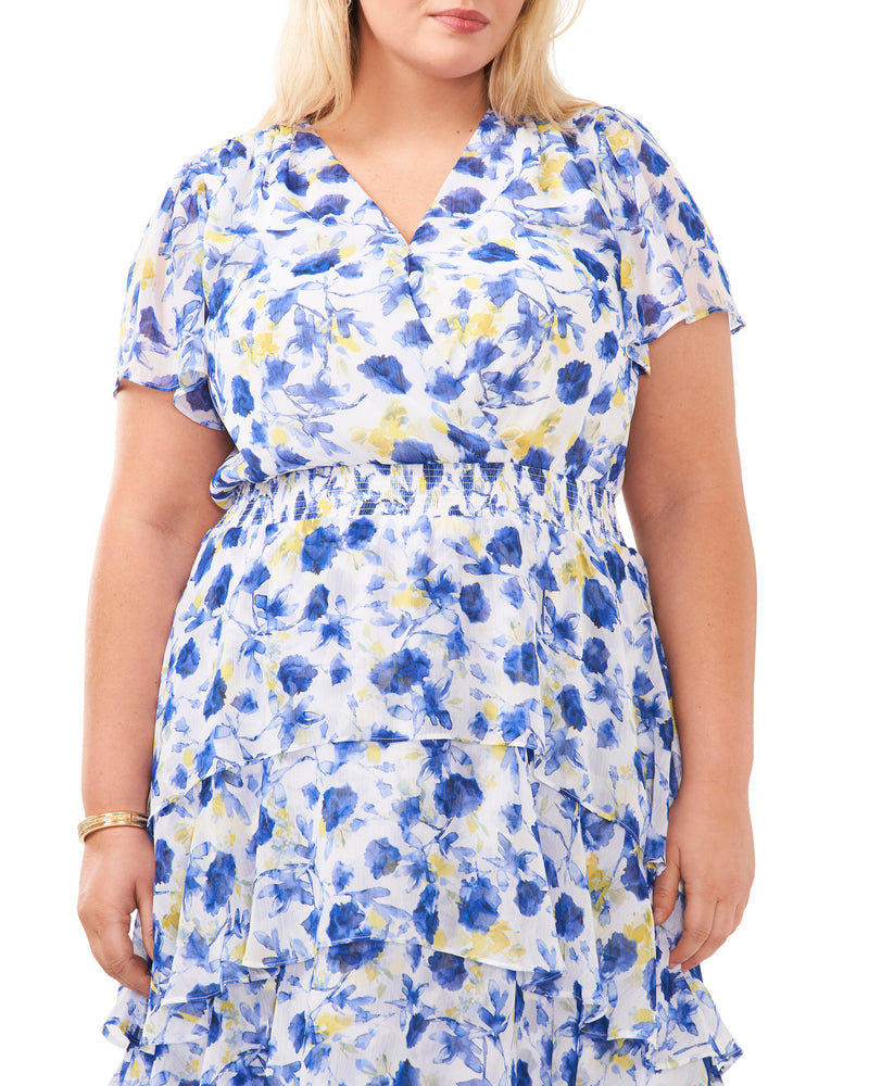 Plus-Size Floral Print Tiered V-Neck Dress - Vince Camuto
