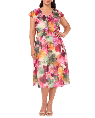 V-Neck Smocked Waist Midi Dress - Vince Camuto