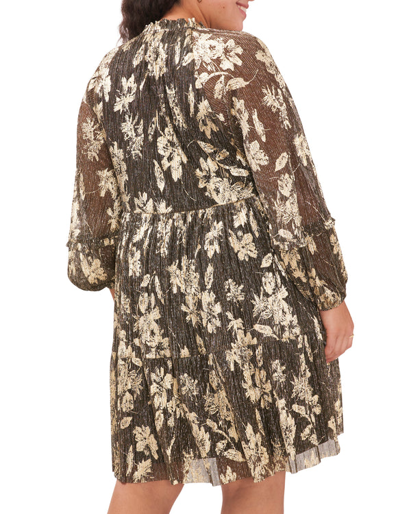 Plus-Size Metallic Floral Print Pleated Dress - Vince Camuto