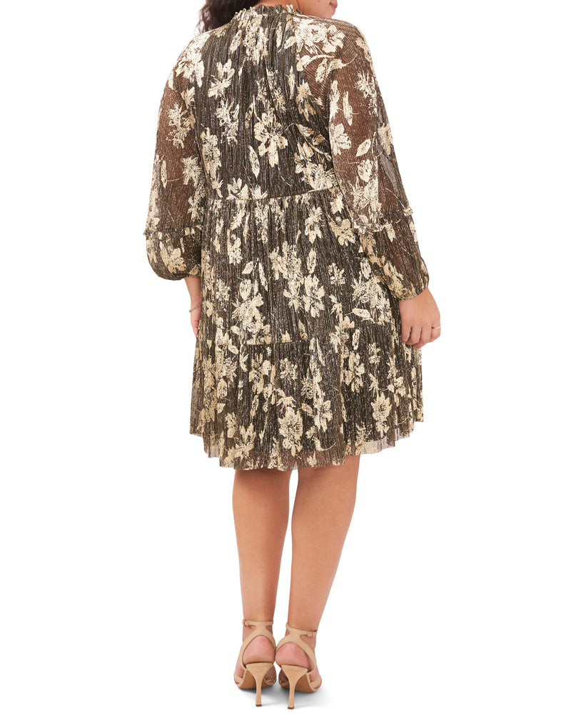 Plus-Size Metallic Floral Print Pleated Dress - Vince Camuto