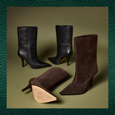 Presca Bootie in Black and Brownie with Green Cyber Week Background