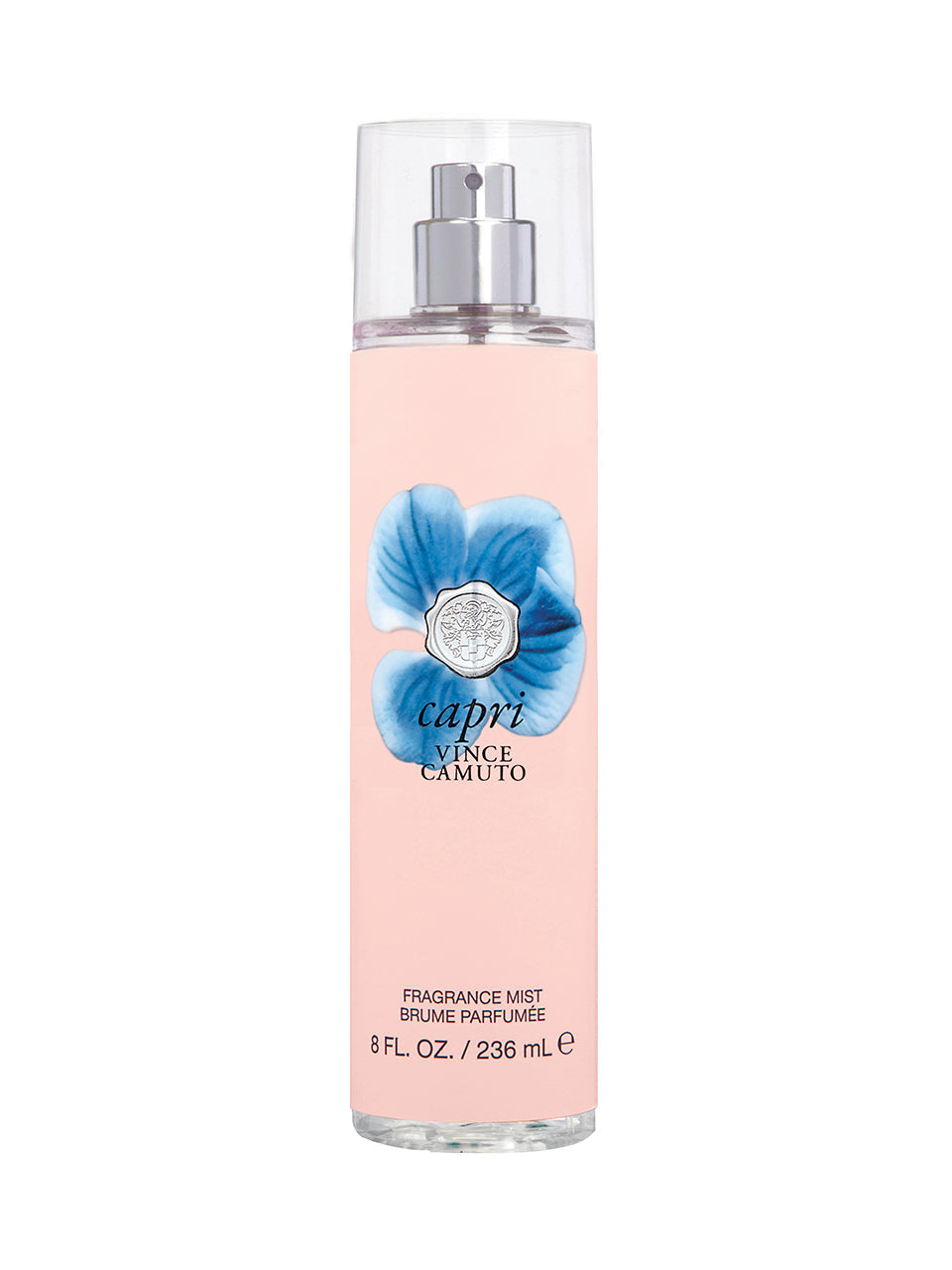 Capri Body Mist 8.0 oz by Vince Camuto comes in a clear spray bottle with a pink label, blue flower graphic, and silver cap. It offers a floral fruity fragrance highlighted by a refreshing citrus blend.