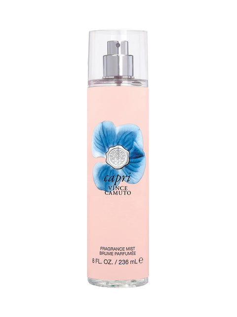 Capri Body Mist 8.0 oz by Vince Camuto comes in a clear spray bottle with a pink label, blue flower graphic, and silver cap. It offers a floral fruity fragrance highlighted by a refreshing citrus blend.