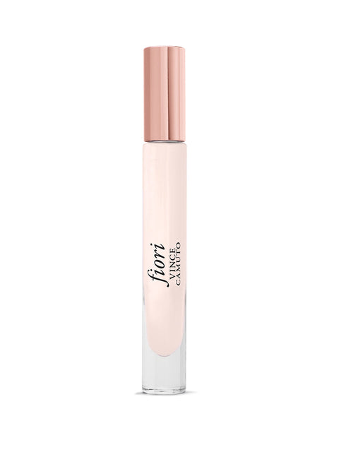 The Fiori 0.2 oz Eau de Parfum Rollerball by Vince Camuto features pale pink fragrance in a transparent glass bottle with a rose gold cap and “fiori VINCE CAMUTO” printed diagonally, capturing the scent’s sandalwood notes.