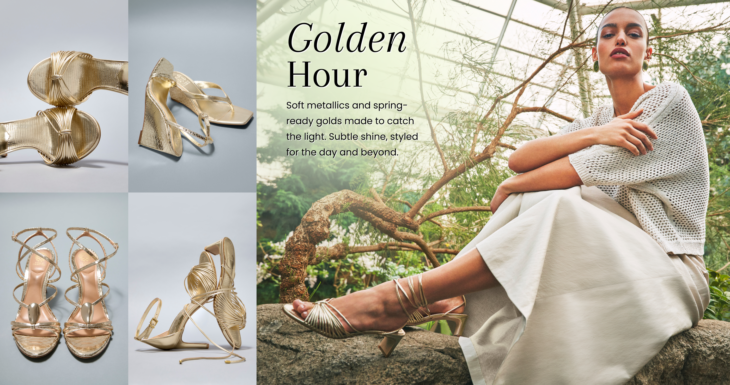Collage showing gold metallic sandals and a woman in a white skirt and knit top sitting on a rock in a lush garden. Text reads: Golden Hour. Soft metallics and spring-ready golds made to catch the light. Subtle shine styled for the day and beyond.