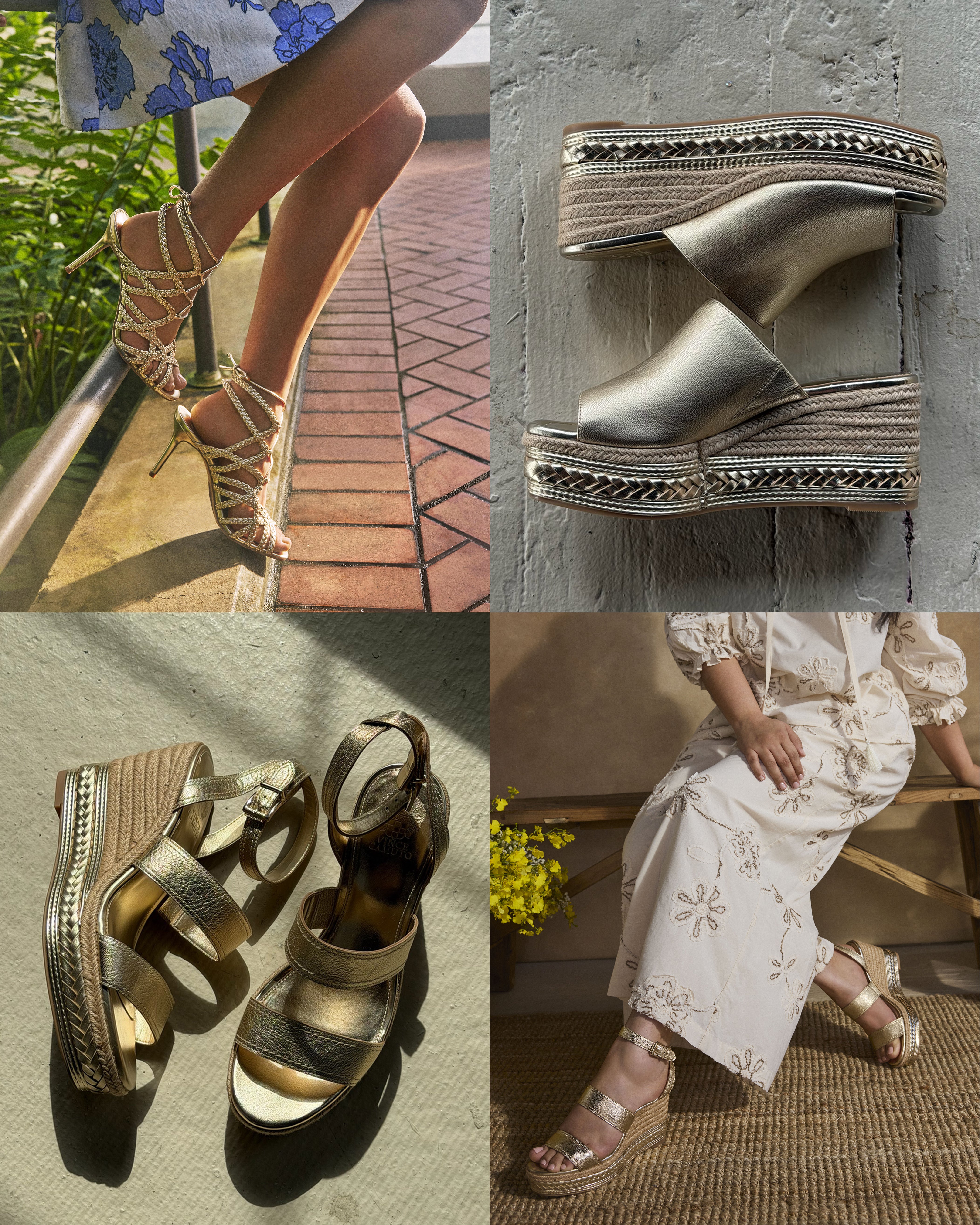 A collage of four images featuring women’s metallic gold strappy high-heeled sandals and wedge sandals, shown both worn and displayed, with summer outfits and sunlit backgrounds.