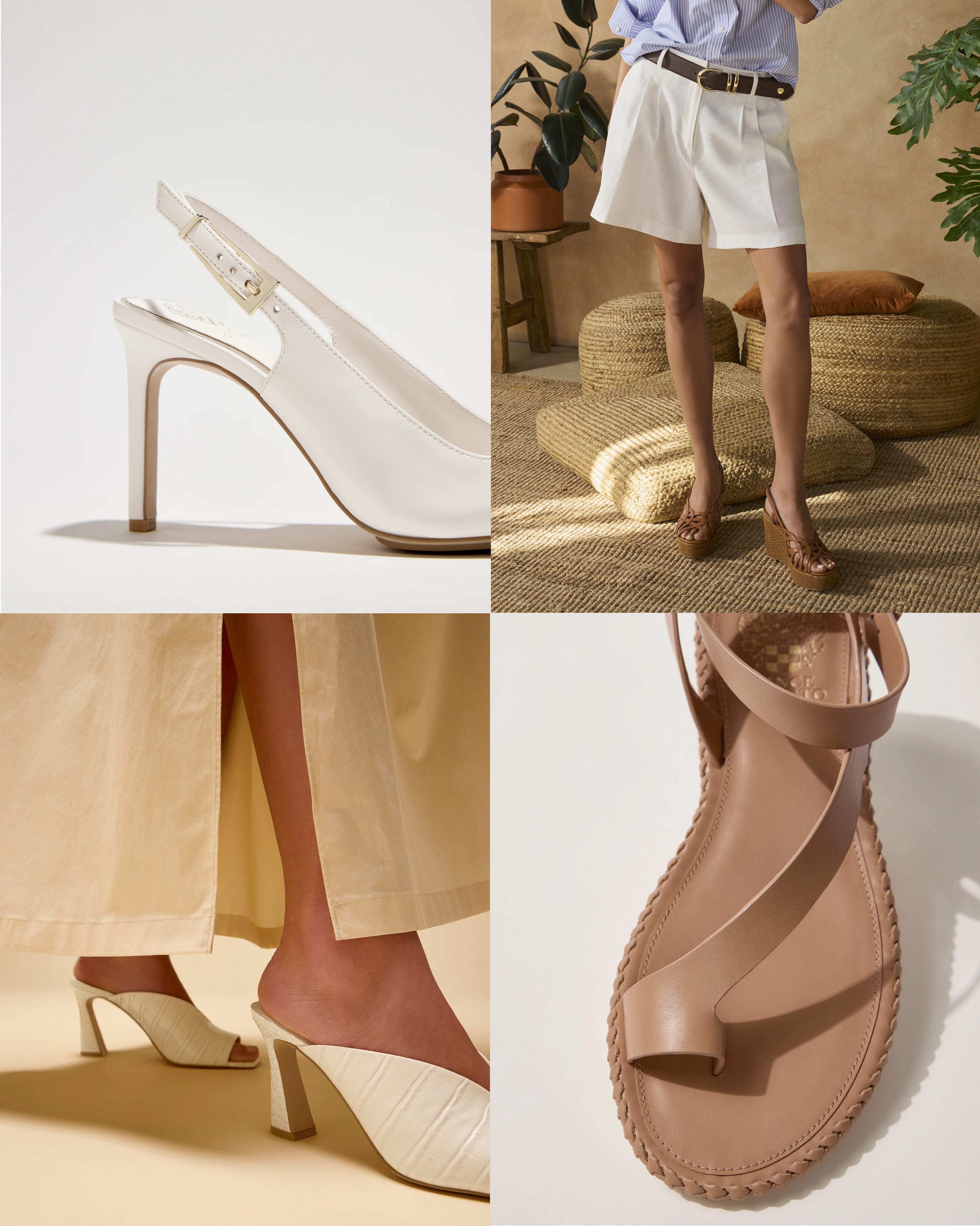 A collage of four images showing women’s summer shoes: white slingback heels, a woman wearing tan heeled sandals with white shorts, cream heeled mules, and a close-up of beige flat sandals with a toe loop.