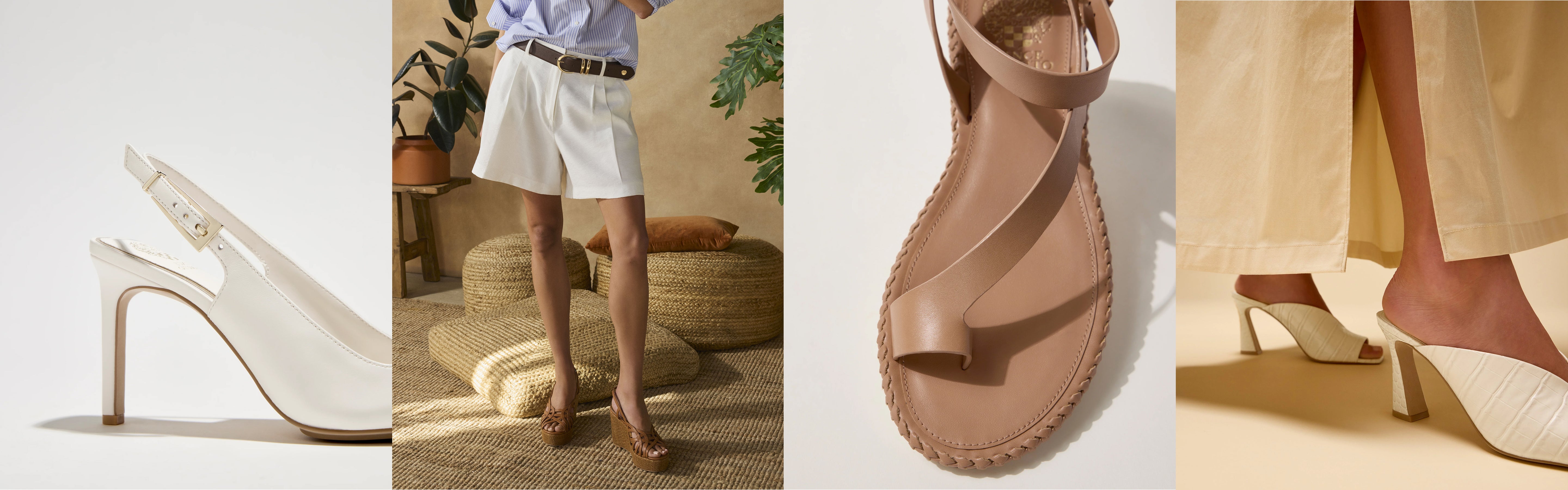 A collage of four images featuring women’s neutral-toned heeled shoes, including white slingbacks, brown sandals, and white mules, each paired with light, summery outfits in minimal, stylish settings.