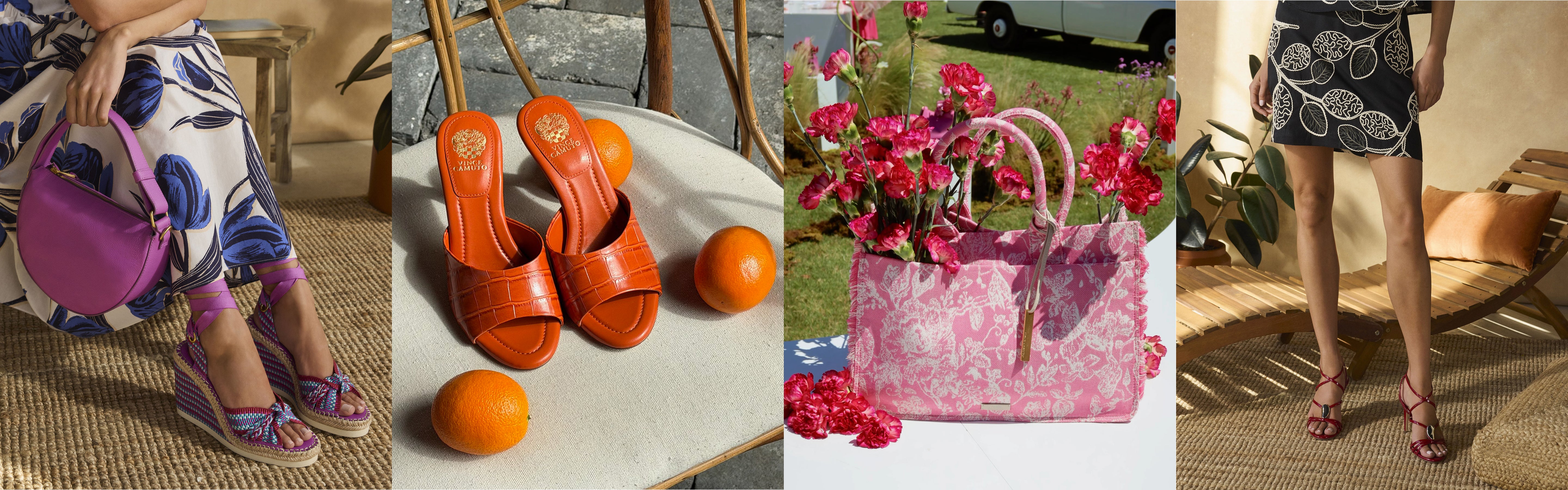 A collage shows: a person in a floral dress with purple espadrilles and matching bag; orange slide sandals with oranges; a pink floral tote with pink flowers; a person in a patterned mini dress with strappy red sandals.