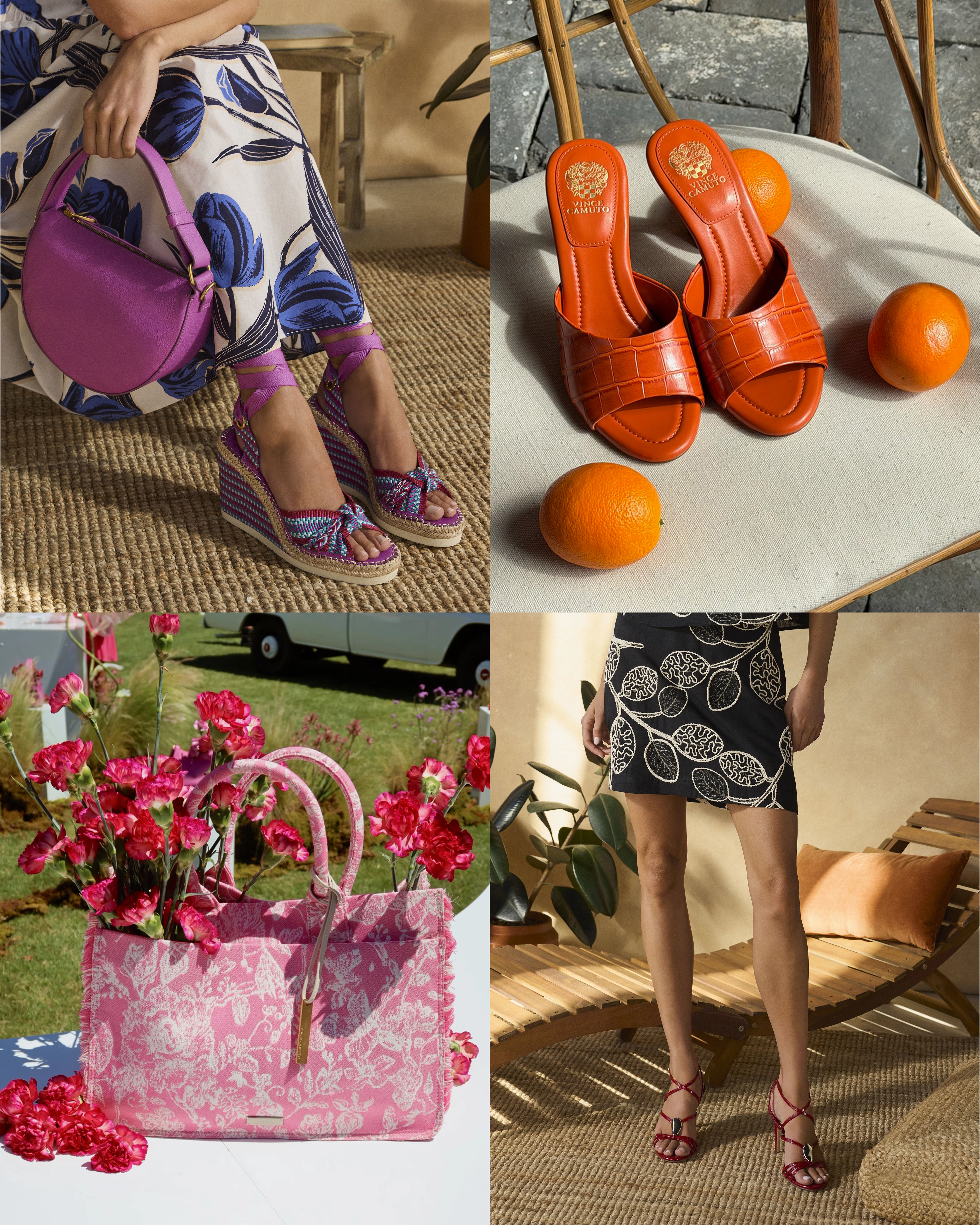 A collage of four images: a person in floral pants holding a purple bag and wearing purple sandals, orange sandals with oranges, a pink floral tote with flowers, and a person in a black skirt wearing strappy red heels.