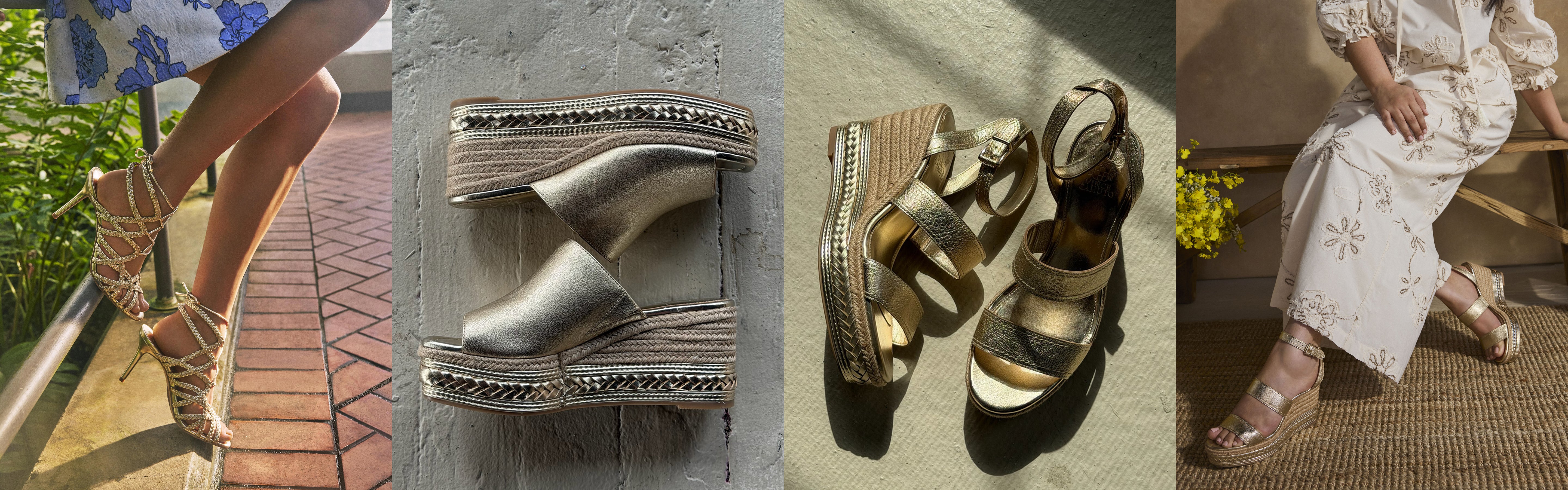 Four images of women’s metallic strappy sandals and wedge espadrilles, shown being worn and displayed on neutral backgrounds, highlighting their intricate designs and textures in natural light.