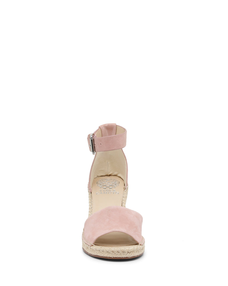 Front view of a single Vince Camuto Leera Espadrille Wedge Sandal in pink, showcasing an open toe, ankle strap with buckle, woven espadrille-style sole, and light tan interior.