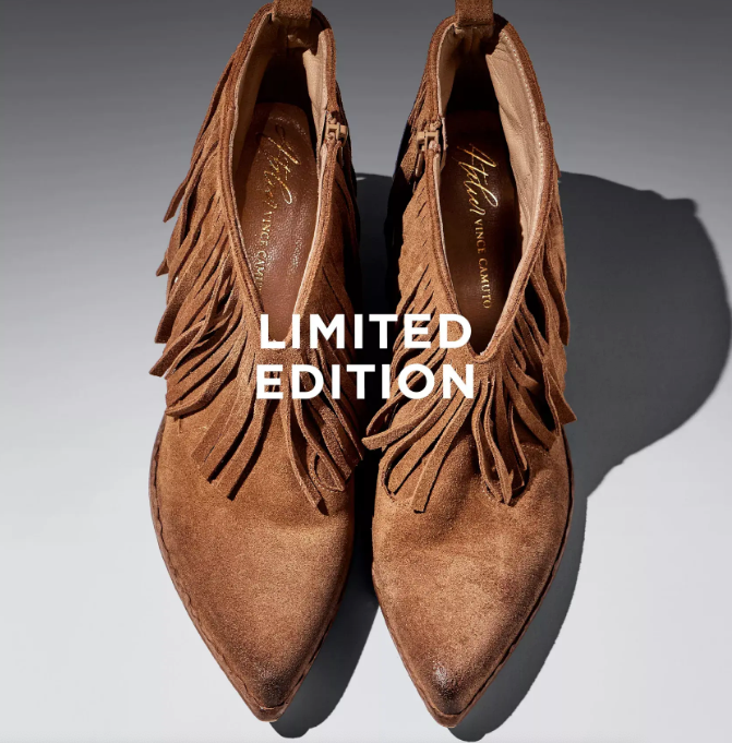 A pair of brown suede, pointed-toe ankle boots with fringe detail on the front, viewed from above. The words LIMITED EDITION are displayed in bold white text across the center.