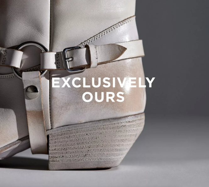 Close-up of a light beige leather boot with a buckle and strap detail. The words EXCLUSIVELY OURS are overlaid on the image in bold white text.