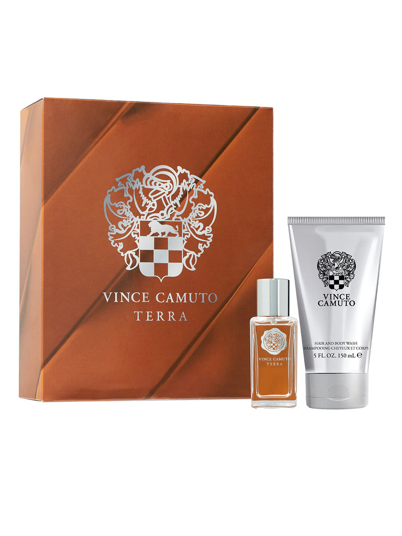 The Vince Camuto Men's Terra 2-Piece Set includes a cologne and after shave balm with silver accents in a brown box, featuring a masculine scent of modern woods and Sicilian bergamot.