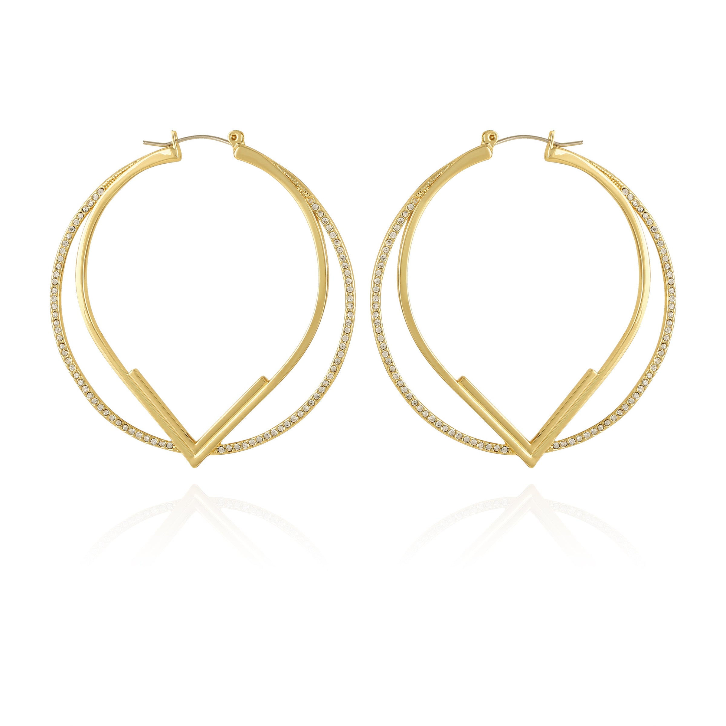 The Vince Camuto Double Hoop V Pave Earrings feature a gold V-shaped design with a thinner pave hoop accented by clear stones on the outer edge, all elegantly showcased against a white background.