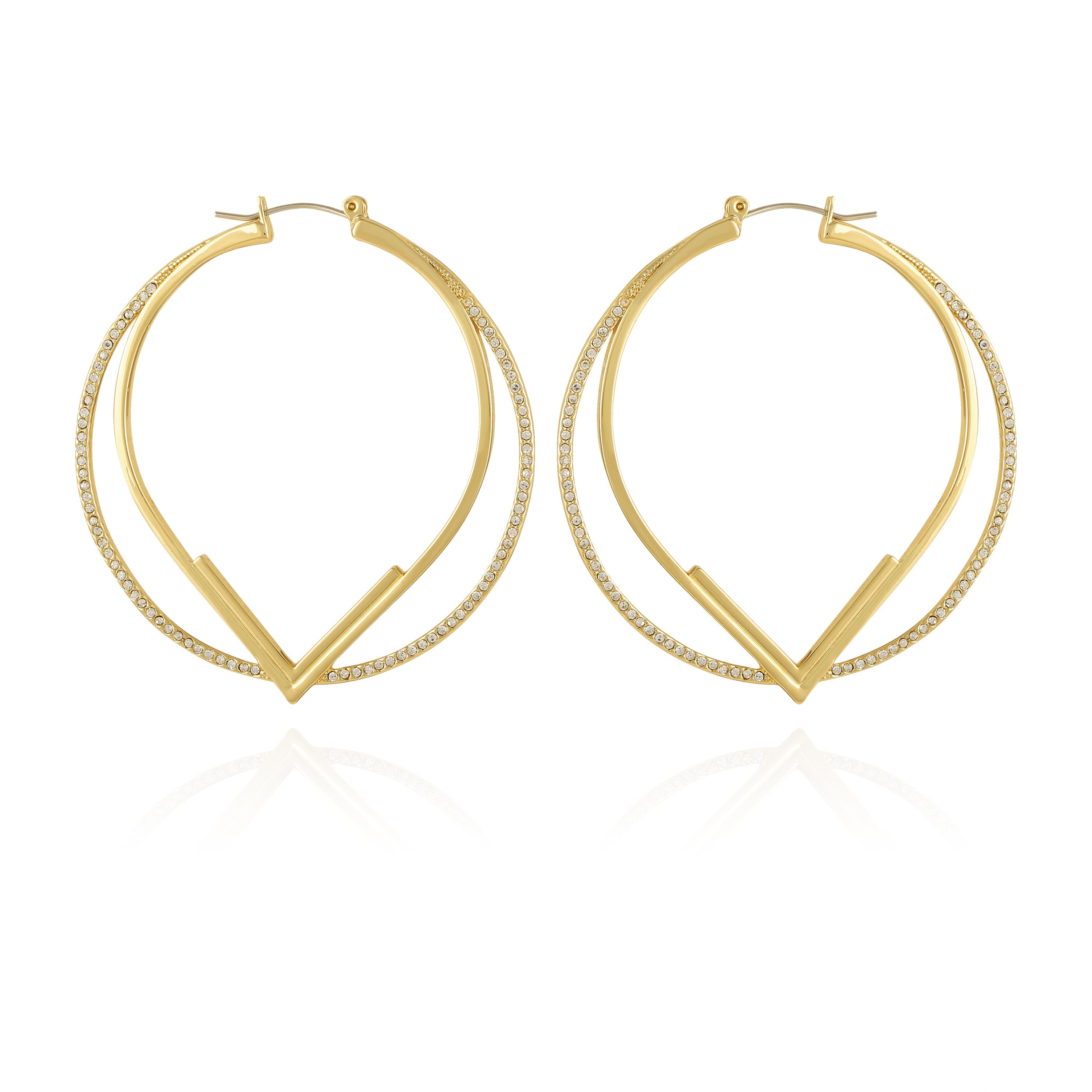 The Vince Camuto Double Hoop V Pave Earrings feature a gold V-shaped design with a thinner pave hoop accented by clear stones on the outer edge, all elegantly showcased against a white background.