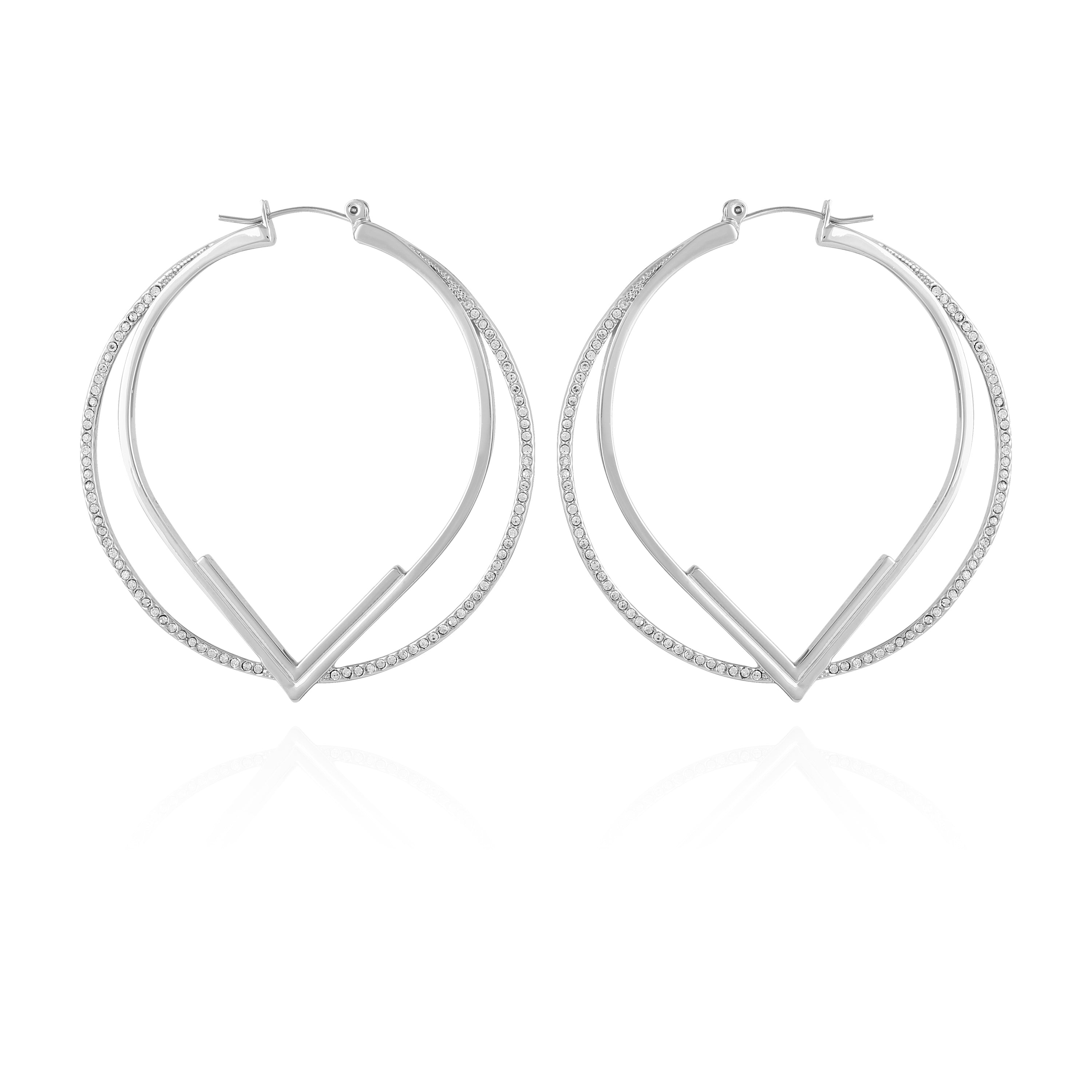 The Vince Camuto Double Hoop V Pave Earrings feature silver-tone hoops with a V-shaped design and sparkling crystals along the outer edge, shown against a white background.