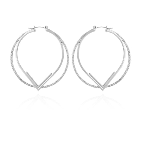 The Vince Camuto Double Hoop V Pave Earrings feature silver-tone hoops with a V-shaped design and sparkling crystals along the outer edge, shown against a white background.