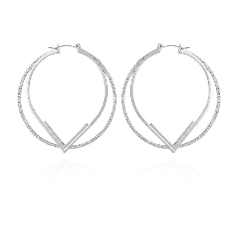 The Vince Camuto Double Hoop V Pave Earrings feature silver-tone hoops with a V-shaped design and sparkling crystals along the outer edge, shown against a white background.