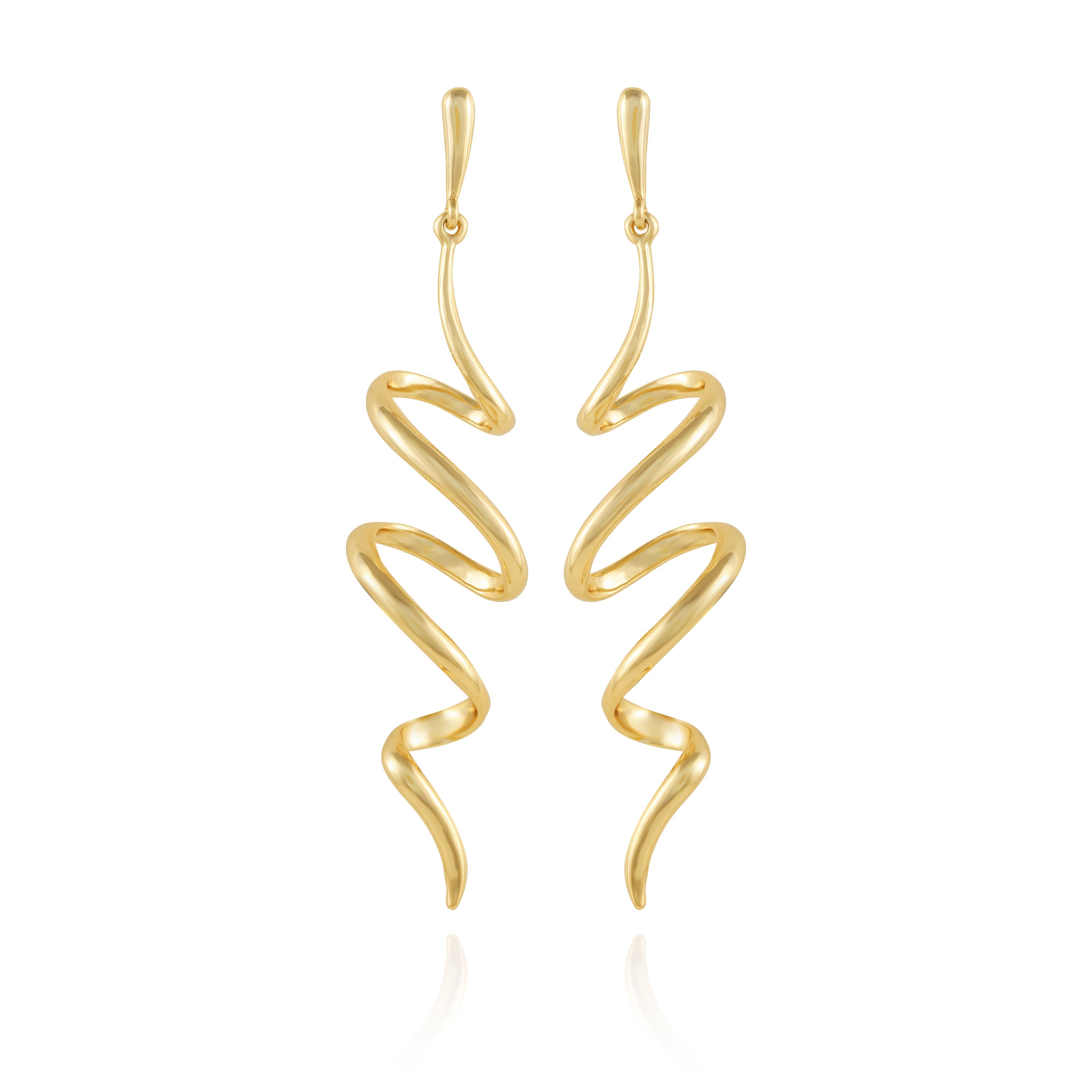 The Vince Camuto Goldtone Spiral Corkscrew Earrings feature a wavy zigzag design with a polished finish, hanging from simple hooks and displayed on a white background.