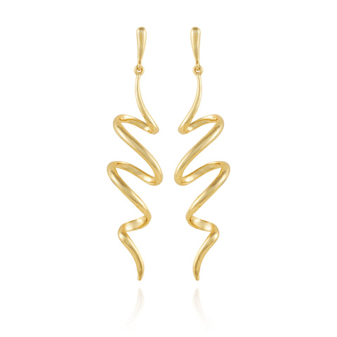The Vince Camuto Goldtone Spiral Corkscrew Earrings feature a wavy zigzag design with a polished finish, hanging from simple hooks and displayed on a white background.