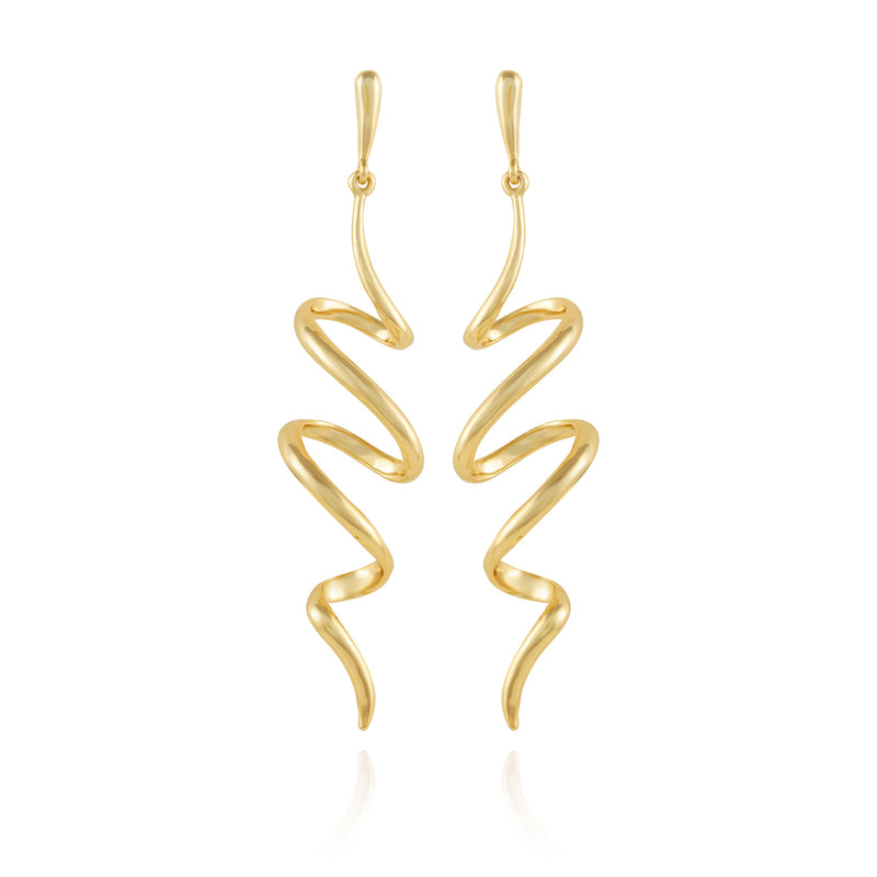 The Vince Camuto Goldtone Spiral Corkscrew Earrings feature a wavy zigzag design with a polished finish, hanging from simple hooks and displayed on a white background.