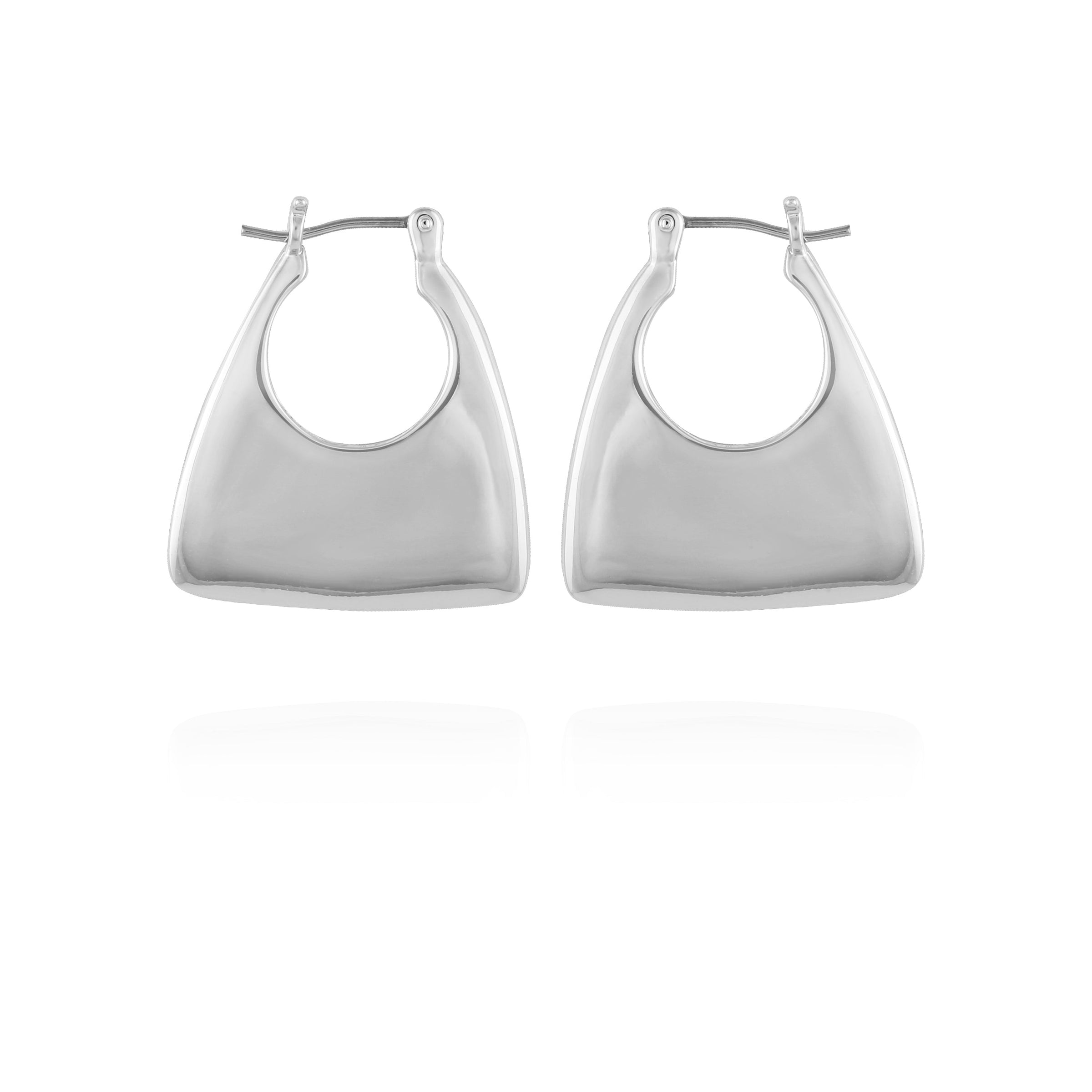 The Vince Camuto Silvertone Purse Click Hoop Earrings feature a modern geometric, purse-inspired design in shiny silver-tone metal, shown against a white background.