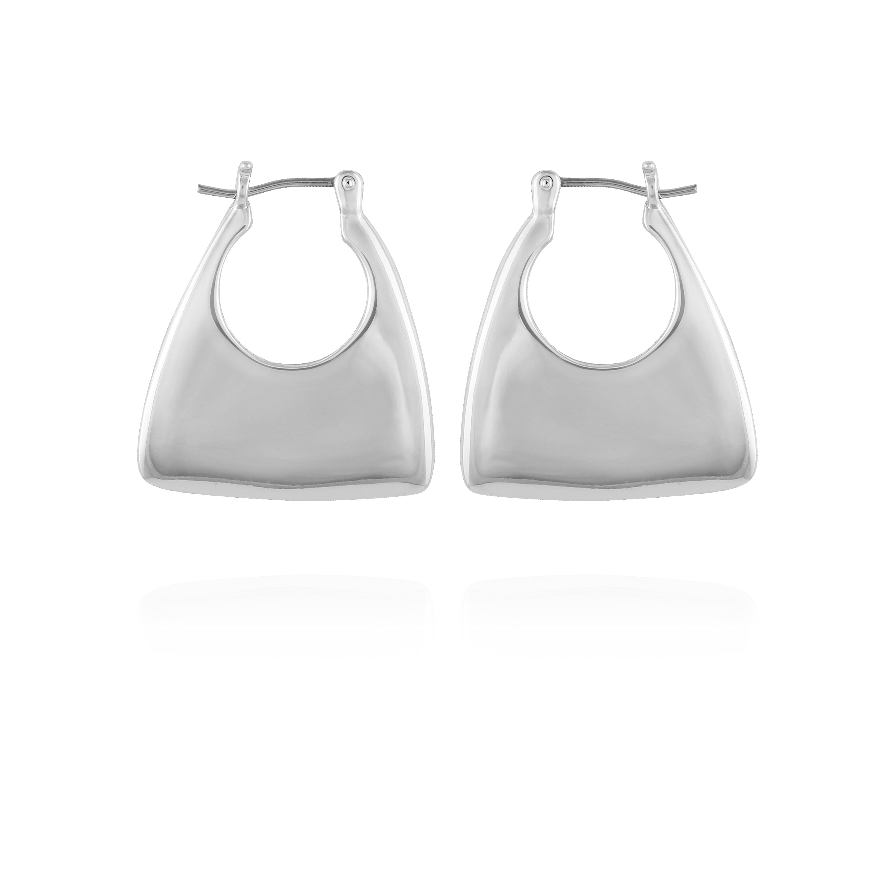 The Vince Camuto Silvertone Purse Click Hoop Earrings feature a modern geometric, purse-inspired design in shiny silver-tone metal, shown against a white background.