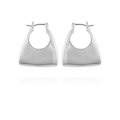 The Vince Camuto Silvertone Purse Click Hoop Earrings feature a modern geometric, purse-inspired design in shiny silver-tone metal, shown against a white background.