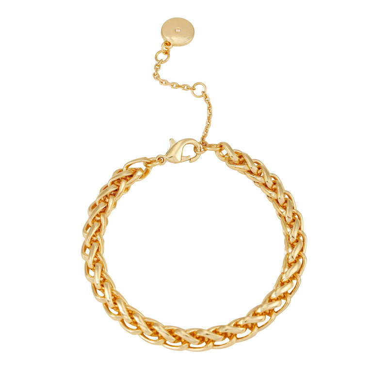 The Vince Camuto Goldtone Chain Bracelet features a lobster clasp, adjustable extender, and round charm. Its elegant twisted rope design makes it a standout piece in any jewelry collection.