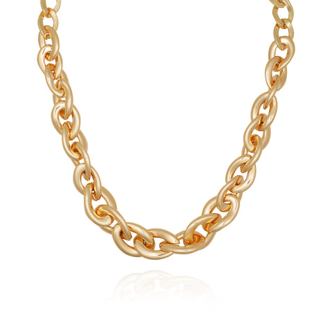 Close-up of the Vince Camuto Goldtone Chunky Link Chain Necklace, featuring large oval links and a polished, shiny finish, displayed on a white background for a bold statement look.