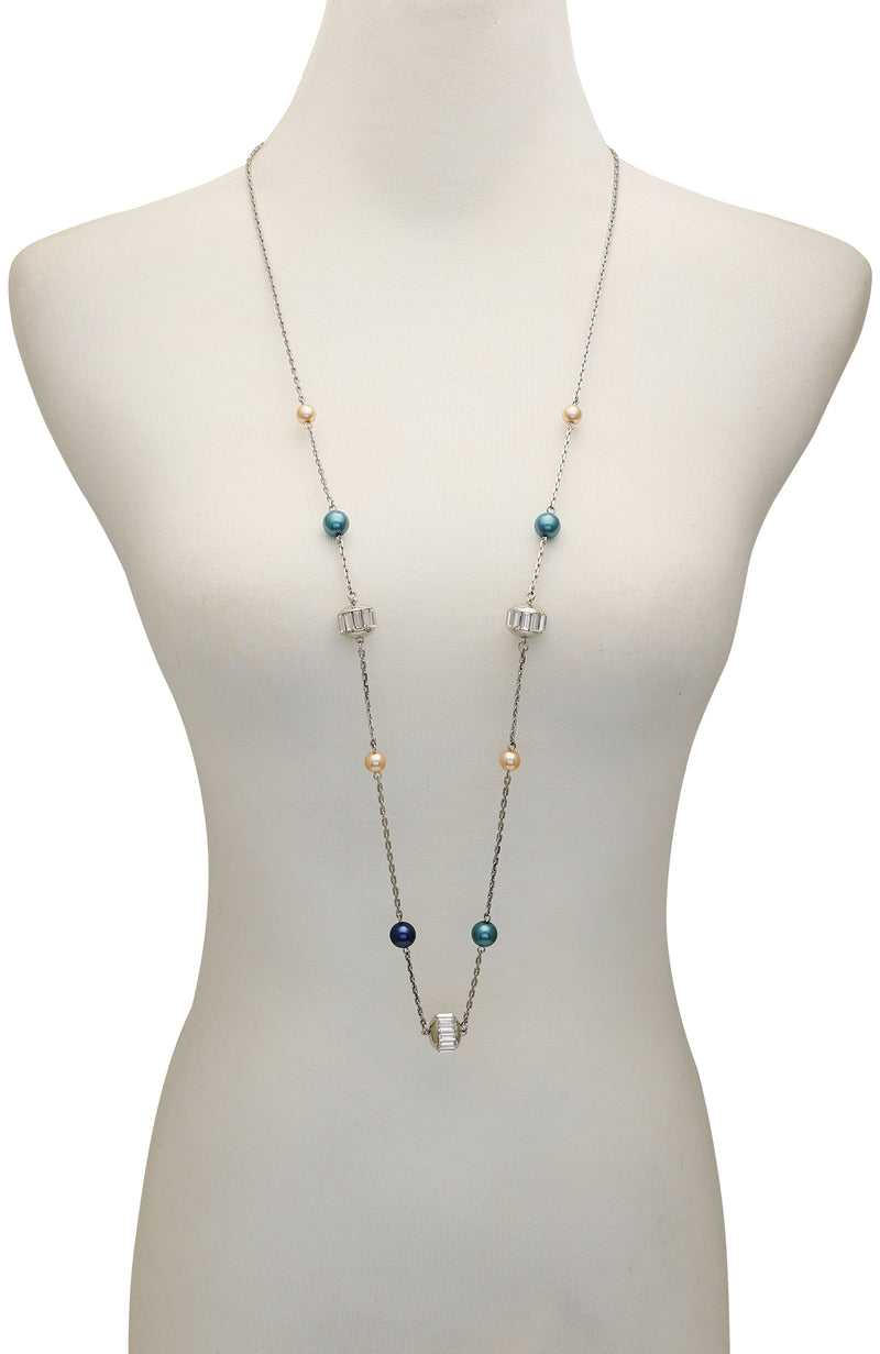 Multicolor Pearl Bead Long Necklace - Silver Tone - Vince Camuto