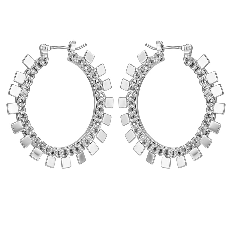 Silvertone Hoop Earrings With Geometric Accents - Silver Tone - Vince Camuto
