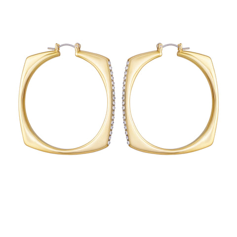 Vince Camuto Large Square Hoop Earrings feature a gold-tone finish with a distinctive round inner design and sparkling crystal accents along one edge, shown against a white background.