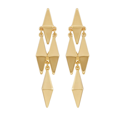 Introducing the Vince Camuto Multi Drop Geometric Earrings: a pair of gold-tone statement earrings featuring three connected geometric diamond-shaped segments with a polished finish.
