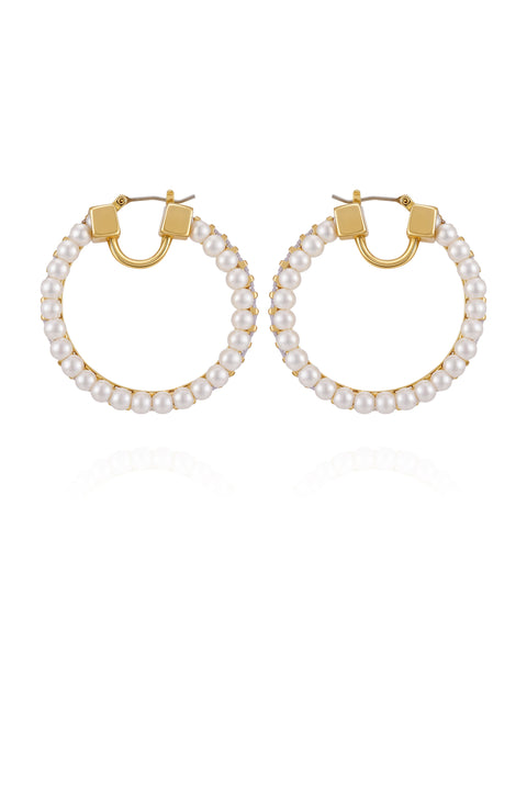 Goldtone Hoop Earrings With Pearls Baguette Crystals - Gold Tone - Vince Camuto