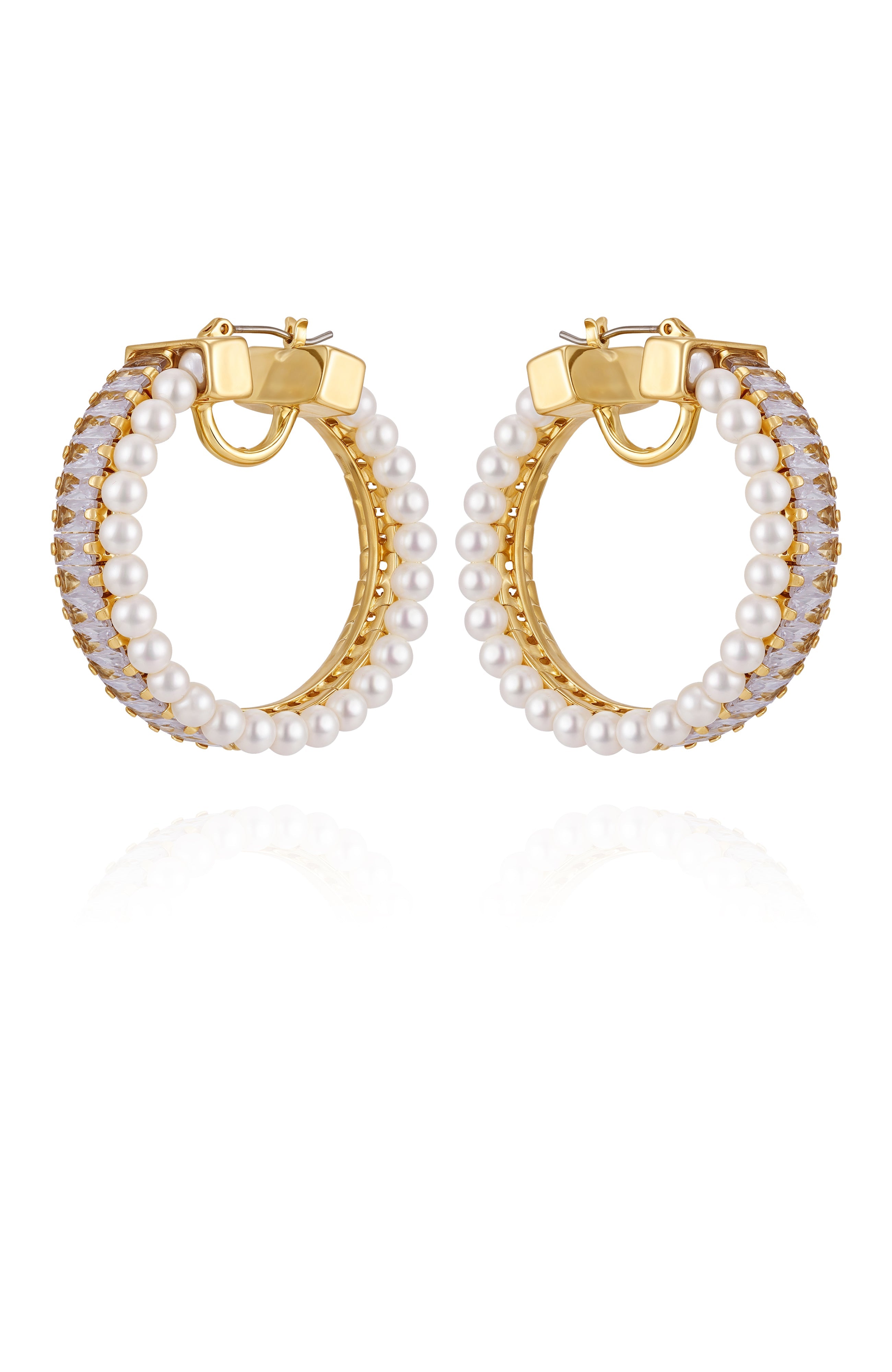 Goldtone Hoop Earrings With Pearls Baguette Crystals - Gold Tone - Vince Camuto