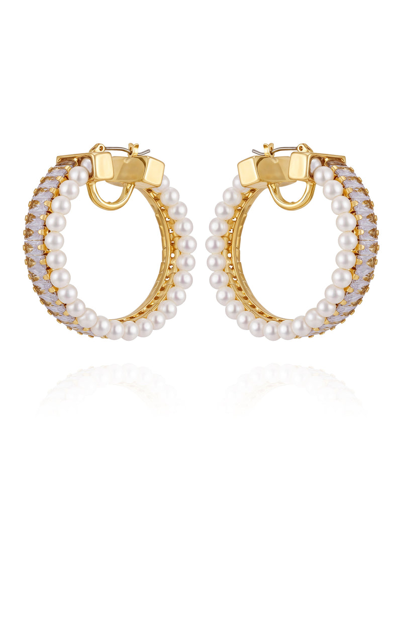 Goldtone Hoop Earrings With Pearls Baguette Crystals - Gold Tone - Vince Camuto