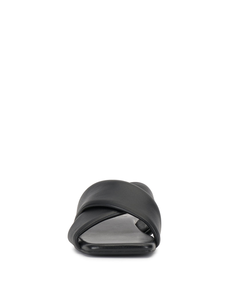 Front view of the Vince Camuto Adisey Cross-Band Sandal in black, with two wide crisscross straps and a square open toe. Its minimalist modern look offers comfort, making it perfect for daily wear.