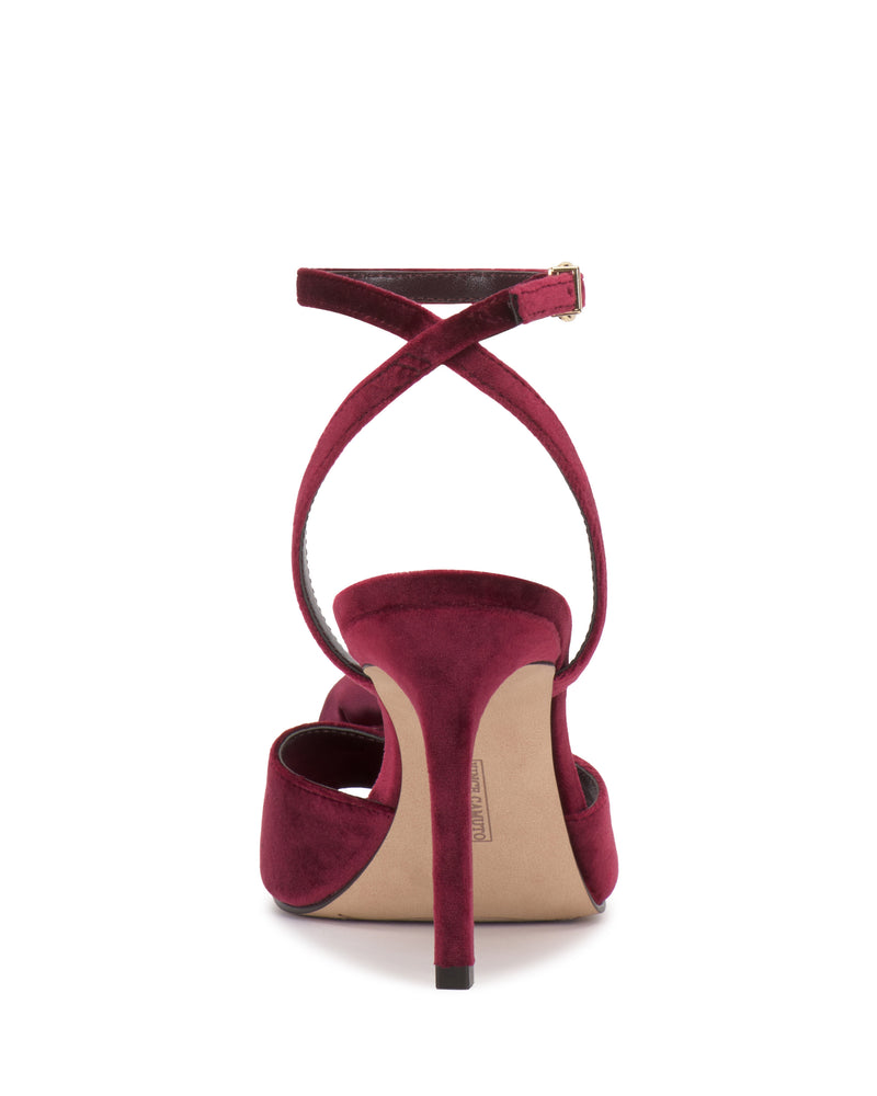 Back view of a burgundy Aisven Sandal by Vince Camuto, featuring a crossed ankle strap, closed heel, and high stiletto in soft, velvet-like material—ideal for evening events.