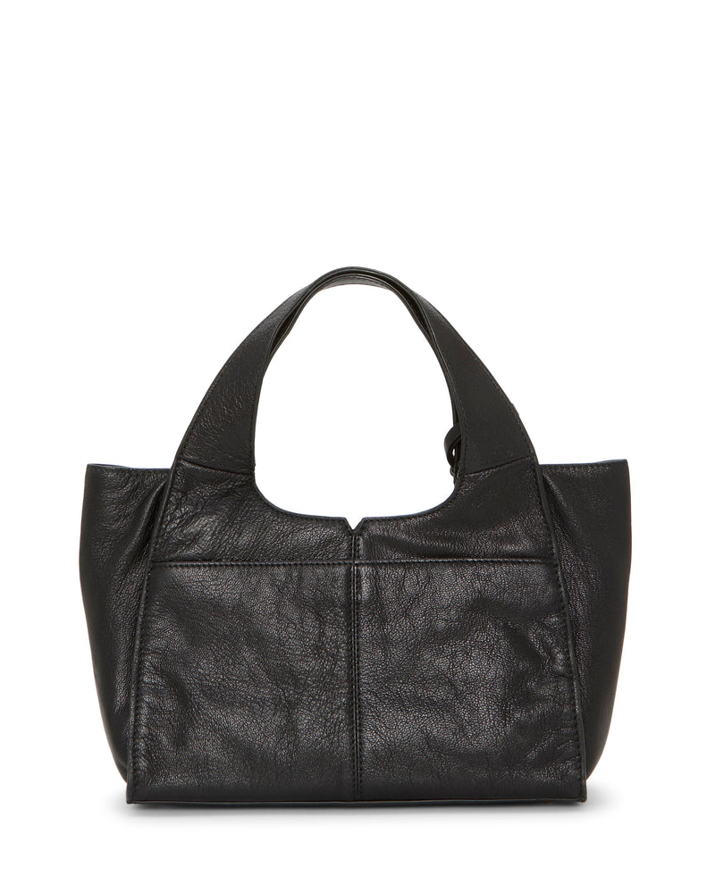 A Vince Camuto Aleah Satchel Bag in black leather, featuring short handles, a detachable crossbody strap, and noticeable stitching details, displayed against a plain white background.