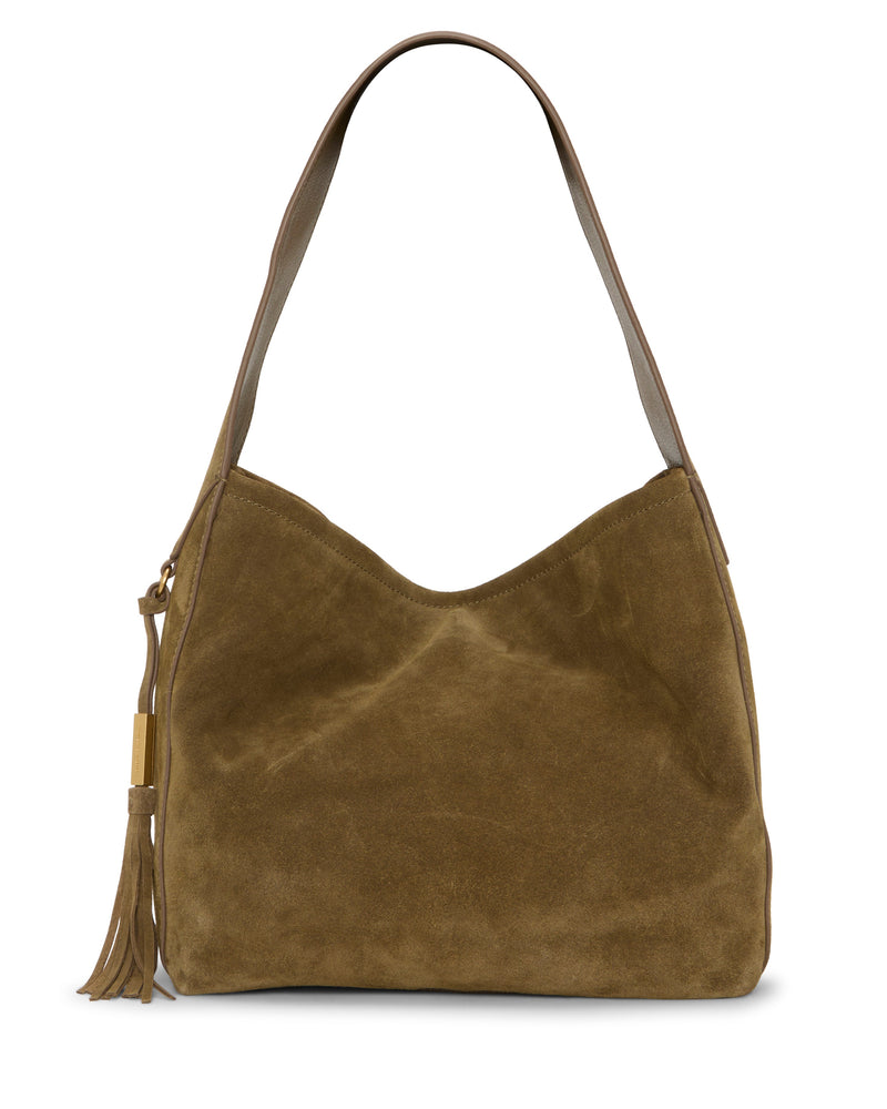 The Vince Camuto Aleah Shoulder Bag in brown suede features a single strap and a decorative tassel on the side, shown against a white background—an essential accessory for Fall.